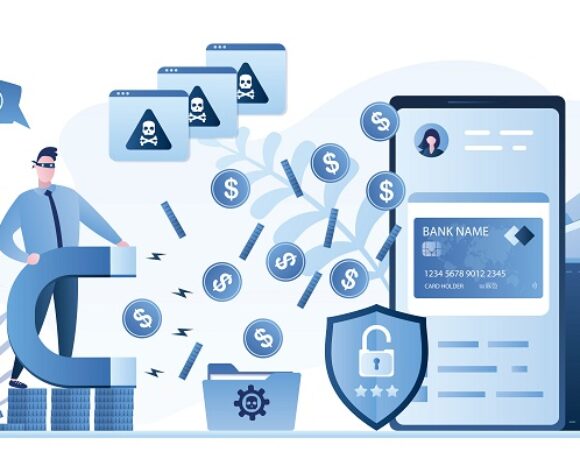 Illustration einer Person, die Dollarmünzen von einem Smartphone mit Bankdaten zieht und so die Cyberkriminalität verdeutlicht: Im Grunde geht es immer um Geld. Ein Sicherheitsschild und ein Vorhängeschloss-Symbol verstärken das Cybersicherheitsthema, mit Virenschutz und einer Brieftasche im Hintergrund.