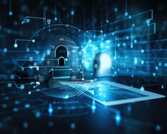 Futuristisches digitales Konzeptbild mit einem leuchtenden Schlosssymbol, umgeben von Datenleitungen und elektronischen Schaltkreisen, wobei eine Laptoptastatur sichtbar ist – zur Betonung von Cybersicherheit, Datenschutz und der Adressierung von Sicherheitsrisiken durch potenzielle Server-Schwachstellen.