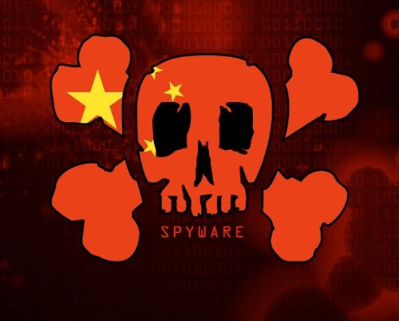 Ein leuchtend roter Hintergrund mit Binärcode bildet die Kulisse für ein Totenkopf-Motiv mit gekreuzten Knochen. Gelbe Sterne erinnern kreativ an die chinesische Flagge. Darunter deutet „Spyware“ auf Chinesische Spyware im Google Play-Store hin.