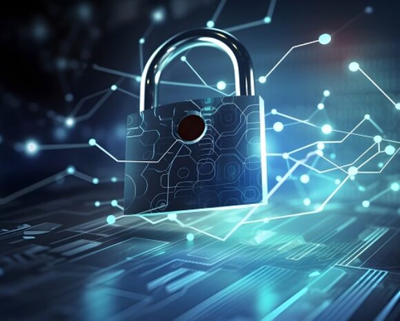 Ein digitales Vorhängeschloss mit einem Schaltkreismuster steht vor einem Hintergrund aus leuchtend blauen Linien und Knoten und stellt dar, wie KMUs aufgrund fehlender PAM-Lösungen anfällig für Angriffe sind, und unterstreicht die Bedeutung robuster Cybersicherheit und Datenschutz.