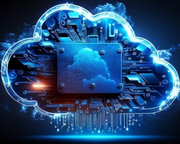 Eine leuchtend blaue, wolkenförmige Struktur mit Schaltkreisen und einem zentralen Mikrochip symbolisiert vor dunklem Hintergrund sichere Cloud-Computing-Technologie im Zeitalter der Quantencomputer. Die Schaltkreise erstrecken sich vom Chip durch die gesamte Wolkenform und unterstreichen so ein futuristisches Thema.
