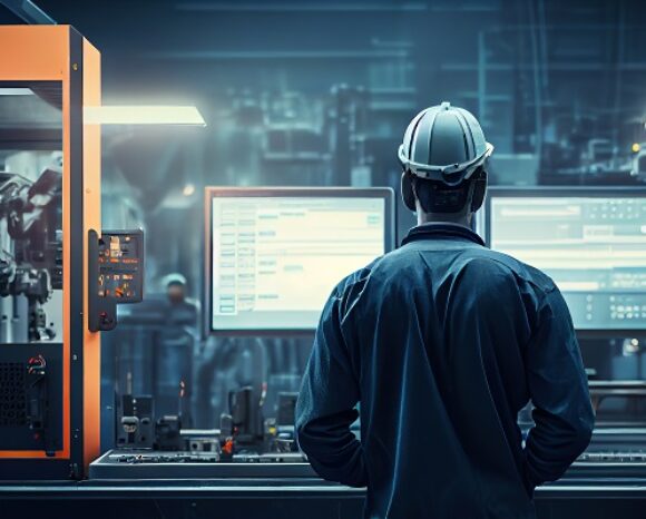 Eine Person mit Schutzhelm und Uniform steht in einer Industrieumgebung vor zwei großen Computermonitoren, die komplexe Daten anzeigen. Die Szene mit ihrer schwachen Beleuchtung und den sichtbaren Geräten spiegelt eine Hightech-Umgebung wider, die den Standards des Whitepapers IEC 62443 entspricht.