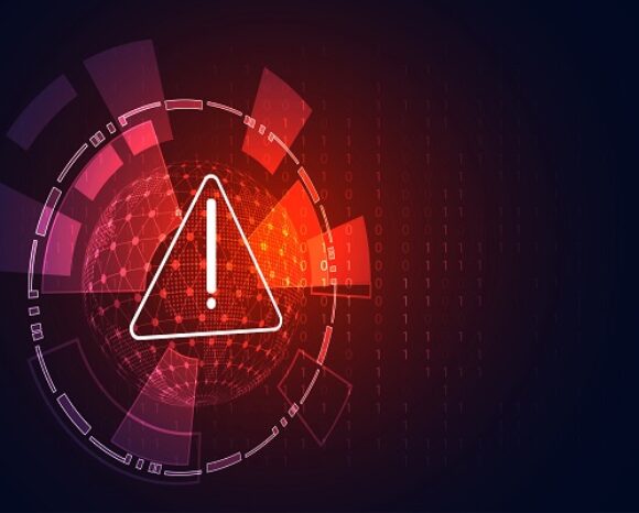 Die Grafik zeigt ein dreieckiges Warnschild mit einem Ausrufezeichen in der Mitte, umgeben von einem digitalen Kreismuster. Der Hintergrund zeigt Binärcode und einen roten Farbverlauf, der die bevorzugte Zielsetzung von Cyberkriminellen auf KMU unterstreicht und so ein Gefühl digitaler Alarmbereitschaft oder einer Bedrohung der Cybersicherheit vermittelt.