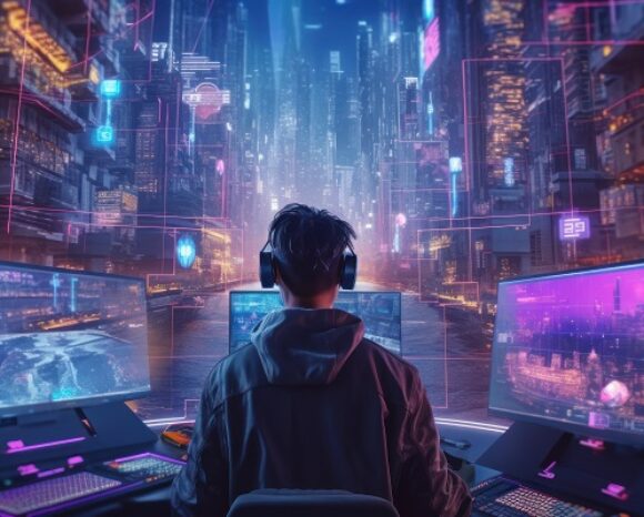 Eine Person mit Kopfhörern sitzt an einem Schreibtisch, umgeben von mehreren Bildschirmen mit digitalen Grafiken. Während die Stadtlandschaft draußen mit holografischen Elementen verschmilzt, erinnert diese Cyberpunk-Szene an eine KI-Studie, in der Hacker menschliche Cybersicherheitskompetenzen für unersetzlich halten. Neonlichter leuchten in Blau- und Rosatönen.