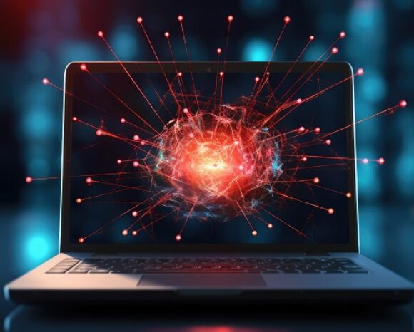 Ein Laptop mit geöffnetem Bildschirm zeigt die rot-orangefarbene digitale Darstellung eines Gehirns, dessen verzweigte Verbindungen sich wie das komplexe Netzwerk einer Cyberwar-Gruppe ausdehnen. Der dunkle Hintergrund, beleuchtet von blau und rot leuchtenden Lichtern, unterstreicht das Hightech-Thema.