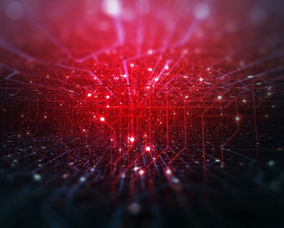 Ein digitales, futuristisches Netzwerk aus miteinander verbundenen Linien und Knoten in Rot- und Blautönen verdeutlicht die Komplexität von Hive. Dieses virtuelle Raster erzeugt ein Gefühl von Tiefe und suggeriert Themen wie Technologie, Daten und Vernetzung.