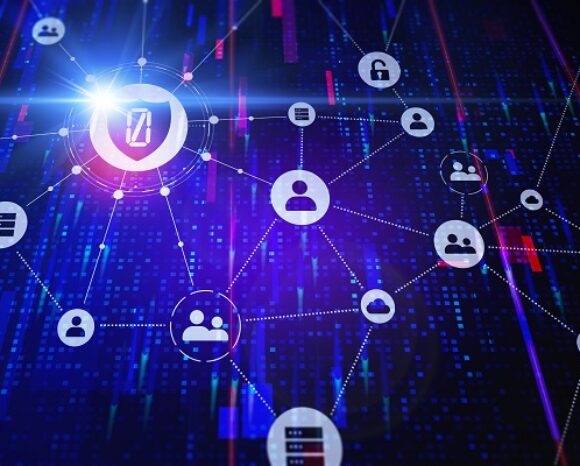 Ein Konzeptbild eines digitalen Netzwerks zeigt ein leuchtendes Schild mit einem Schlüsselloch in der Mitte, umgeben von miteinander verbundenen Symbolen von Personen, Schlössern und Servern. Vor einem blau-violetten abstrakten Hintergrund mit Linien und Binärcode deutet es subtil an, wie „Zu hohe Kosten bremsen PAM-Lösungen aus.“.