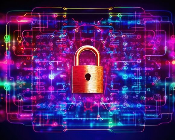In der Mitte befindet sich ein leuchtendes goldenes Vorhängeschloss vor einem lebendigen digitalen Schaltkreishintergrund, der von bunten Neonlichtern beleuchtet wird. Diese Szene symbolisiert Cybersicherheit und Datenschutz, da das neue Open Data Schema den ersten Jahrestag des OCSF markiert.