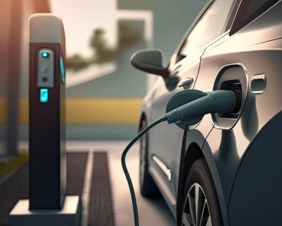 Ein silbernes Elektroauto lädt an einer Ladestation auf. Die Ladestationen für Elektrofahrzeuge weisen auf ein wachsendes Cybersicherheitsrisiko hin. Das Ladekabel ist sicher in die Ladebuchse des Autos eingesteckt. Der leicht unscharfe Hintergrund suggeriert eine moderne, urbane Umgebung mit sanfter Beleuchtung.