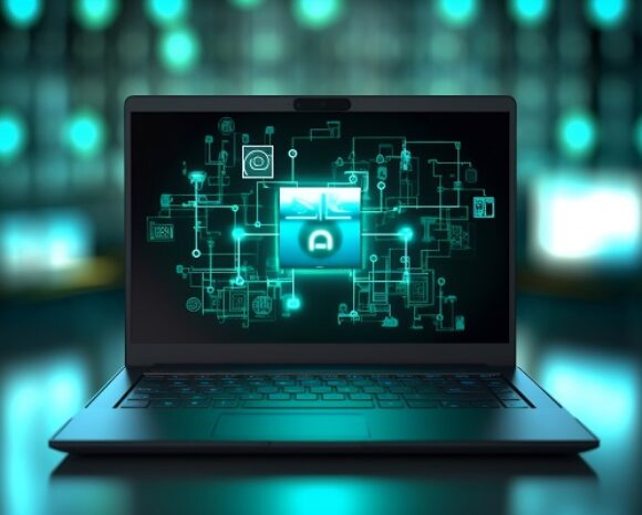 Ein Laptop mit einer leuchtenden, futuristischen Oberfläche zeigt ein Netzwerk aus digitalen Verbindungen und Symbolen. Die Frage „Wo steht die Edge Security?“ spiegelt sich dezent auf dem Display wider. Die cyan-grüne Beleuchtung strahlt eine Hightech-Atmosphäre aus.