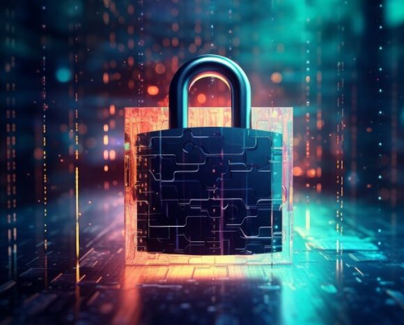 Ein digitales Vorhängeschloss symbolisiert Cybersicherheit und ist von abstrakten, farbenfrohen, leuchtenden Linien und Schaltkreisen umgeben. Dies veranschaulicht die zunehmende Bedrohung durch den Einsatz perfektionierter KI in Ransomware. Der Hintergrund ist in Blau- und Orangetönen gehalten, was das futuristische Design unterstreicht.