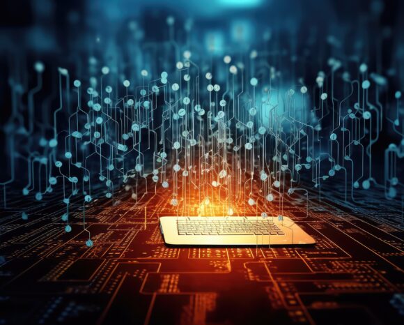Eine leuchtende Platine mit einem zentralen, beleuchteten Quadrat symbolisiert einen Computer oder Chip, nahtlos integriert in ein komplexes Netzwerk aus abstrakten Linien und Knoten. Dieses digitale Bild veranschaulicht anschaulich den Datentransfer und deutet gleichzeitig auf die zunehmende Bedrohung hin, die im neuesten Bedrohungsreport beschrieben wird: Ransomware verbreitet sich, denn je.