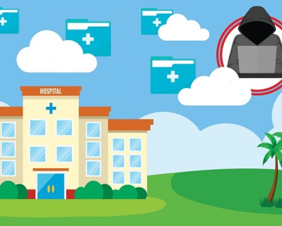 Illustration eines Krankenhauses mit medizinischen Akten in Wolken darüber und einer Figur in Kapuzenjacke mit Laptop. Umgeben von einem roten Kreis unterstreicht die Figur die Cybersicherheitsbedrohungen im Gesundheitswesen, die durch die höchsten Ransomware-Vorfälle des letzten Jahres hervorgehoben wurden. Eine Palme und grüne Felder zieren den Vordergrund.