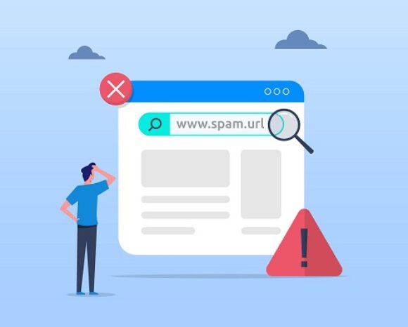 Illustration einer Person, die einen Webbrowser mit „www.spam.url“ durch eine Lupe betrachtet. Ein rotes „X“-Symbol und ein Ausrufezeichen in einem Dreieck signalisieren unter dem hellblauen Himmel mit zwei Wolken Warnung vor Drittanbieter-Phishing, das Unternehmen und Kunden weltweit bedroht.