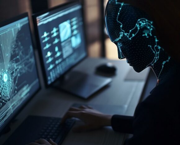 Eine Person mit einer digitalen Benutzeroberfläche im Gesicht sitzt an einem Schreibtisch und analysiert komplexe Daten und Grafiken auf zwei Monitoren. Die futuristisch anmutende Umgebung betont durch die gedämpfte Beleuchtung das Leuchten des Bildschirms und lässt auf eine verborgene Bedrohung durch AWS schließen, die in den technologischen Tiefen lauert.