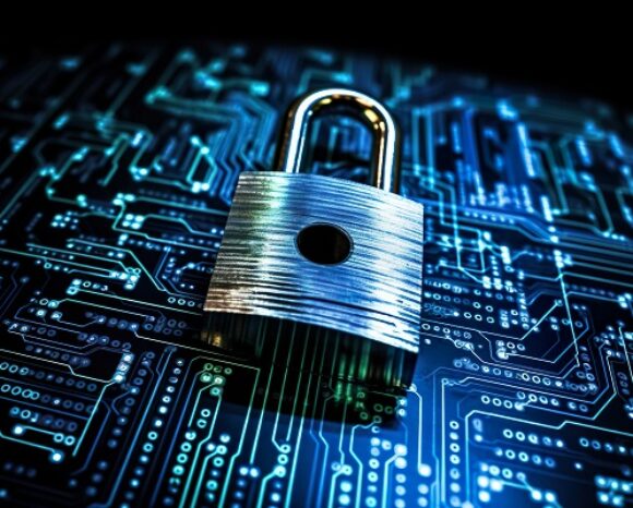 Ein metallisches Vorhängeschloss ruht auf einer beleuchteten blauen Platine und symbolisiert Cybersicherheit nach dem Neuer-Vorfall. Die komplexen Muster und leuchtenden Linien schaffen eine Hightech-Atmosphäre und betonen den Schutz vor Ransomware und fortschrittliche Technologien in Incident-Response-Strategien.