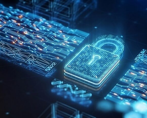 Ein digitales Vorhängeschloss-Symbol liegt über einem Netzwerk aus leuchtend blauen Leitungen und symbolisiert Datensicherheit und -schutz. Die Leitungen bilden miteinander verbundene Pfade und spiegeln in diesem futuristischen Design die Initiative des BSI zur stärkeren Vernetzung deutscher Cyberakteure wider.