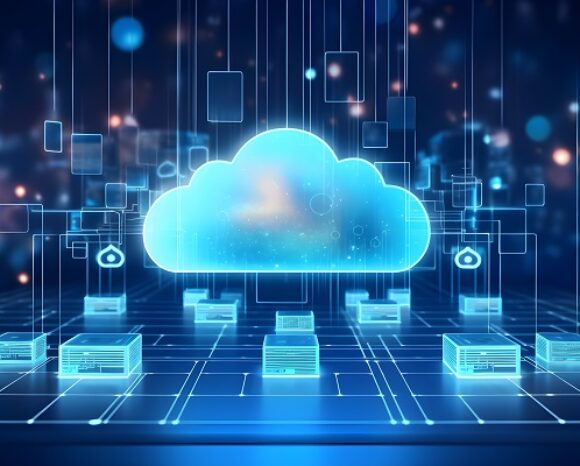 Eine digitale Illustration eines leuchtenden Wolkensymbols, umgeben von abstrakten Netzwerklinien und kleinen würfelartigen Serversymbolen auf dunklem Hintergrund, stellt sicheres Cloud-Computing und Datenkonnektivität dar und unterstreicht die Bedeutung unveränderlicher Speicher in Multi-Cloud-Umgebungen.