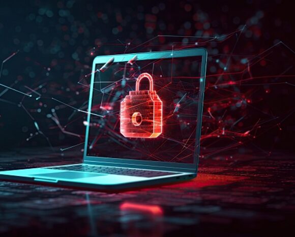 Ein leuchtend rotes Vorhängeschloss wird über einem Laptop-Bildschirm in einer dunklen, digitalen Umgebung angezeigt und symbolisiert Cybersicherheit. Rote und schwarze Netzwerklinien umgeben die Szene und betonen sichere Konnektivität und Datenwiederherstellung. Ransomware-Angriffe sind der Schlüssel zur Stärkung der Abwehr.