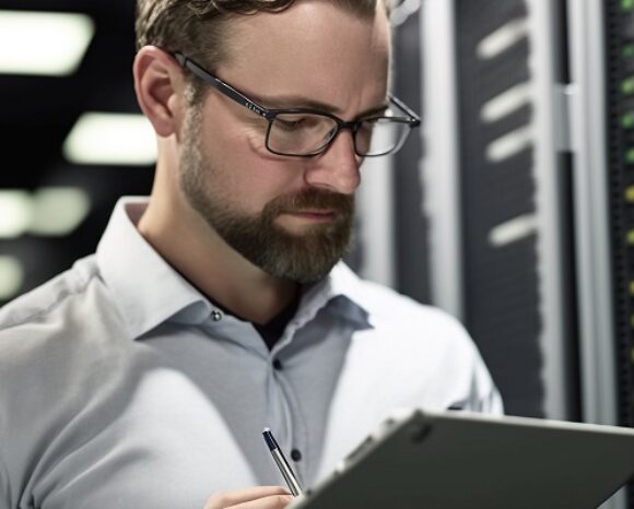 IT-Fachmann macht Notizen im Serverraum