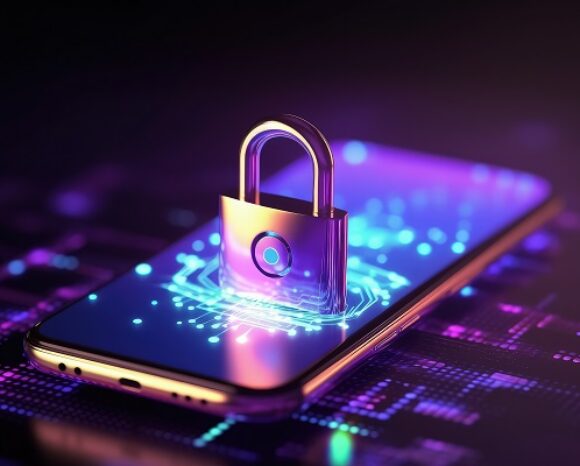 Vorhängeschloss-Hologramm auf dem Smartphone-Bildschirm