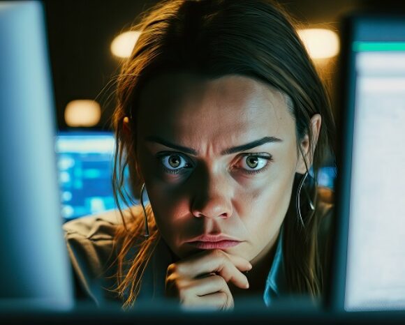 Skeptisches Frauengesicht vor Monitoren. Generative AI