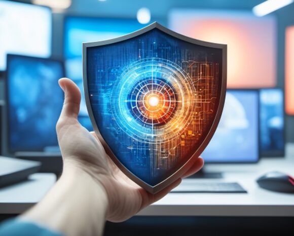 Malware. Ein Schutzschild das einer Polizeimarke nachempfunden ist und den Kampf gegen Malware symbolisiert.