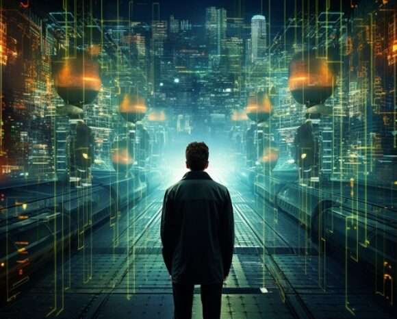 Mann schaut in einen Tunnel, umringt von futuristischem Gebilde und Skyline im Hintergrund. Generative AI