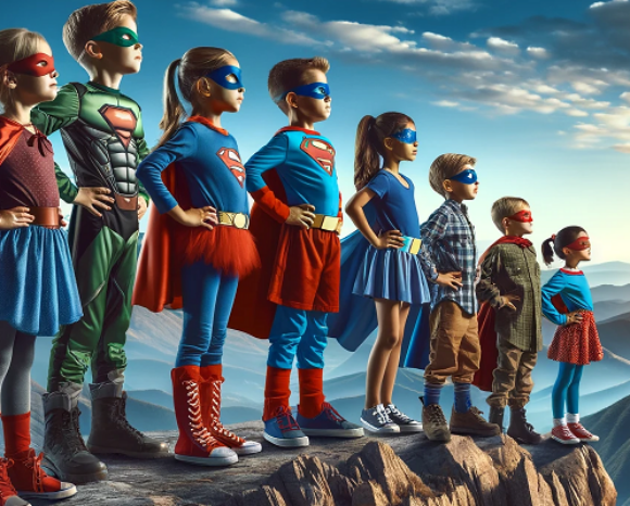 Kinder in Superman-/Superwoman-Outfits auf einem Felsvorsprung