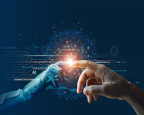 AI, Machine learning, Hands of robot and human touching on big data network connection background, Science and artificial intelligence technology, innovation and futuristic.