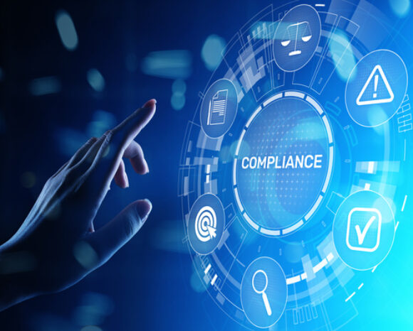 Compliance concept with icons and text. Regulations, law, standards, requirements, audit diagram on virtual screen.