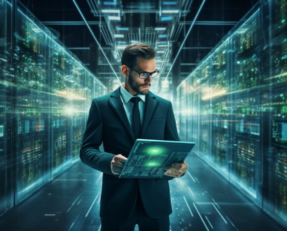 man in futuristic data center use laptop