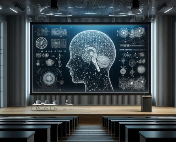 Halle mit großem Bildschirm, das ein KI-Diagramm und ein menschliches Gehirn zeigt zeigt