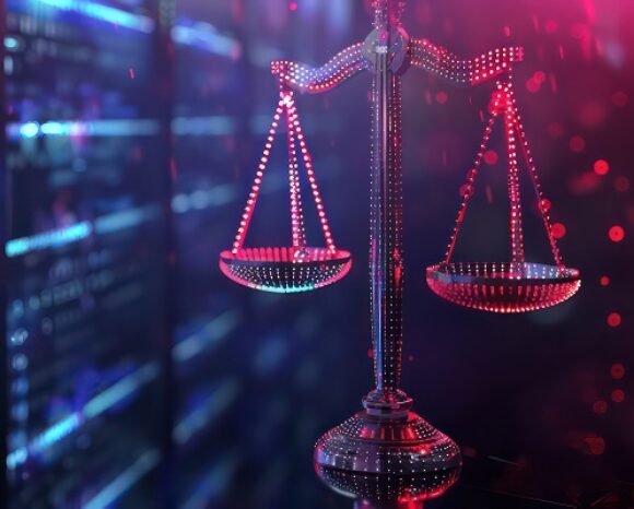 Law scales on background of data center. Digital law concept of duality of Judiciary