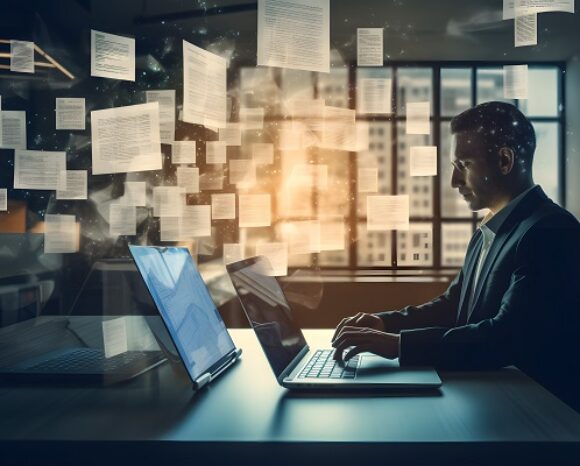 IT-Berater am Laptop digitalisiert Dokumente