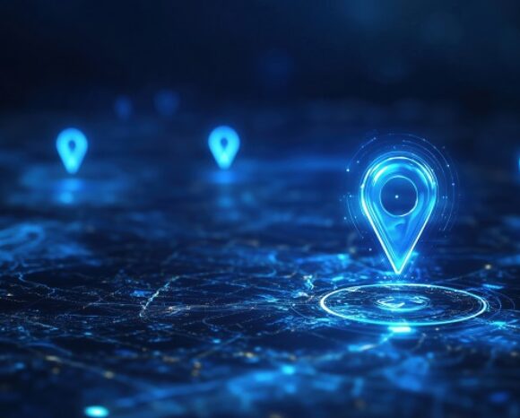 Digitale Landkarte in blau mit leuchtenden Pins