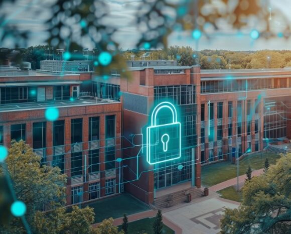 Schulgebäude mit Datenschutz-Symbol