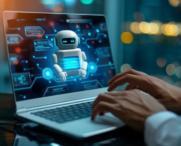 Mann nutzt ChatGPT auf Laptop