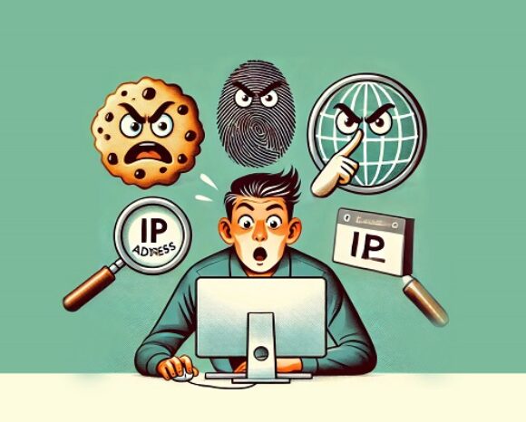 Mann vor PC mit bösem Cookie, böse Lupe