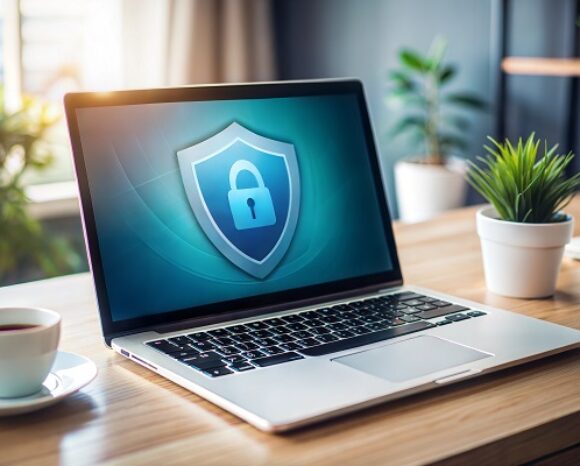 Laptop mit Security-Symbol auf der Startseite