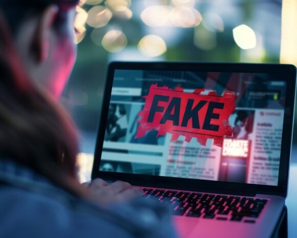 Frau vor Display mit der Aufschrift Fake