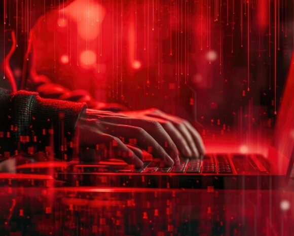 Hacker in futuristischem Design (roter Hintergrund)