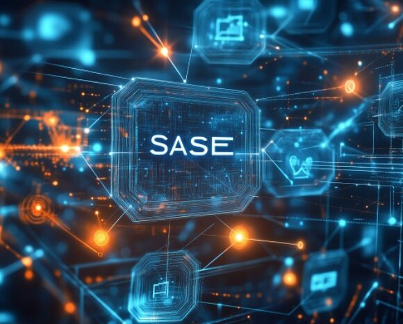 Eine digitale Illustration mit futuristischem Design zeigt das Akronym „SASE“ in der Mitte, umgeben von netzwerkartigen Verbindungen und holografischen Symbolen. Die Farbgebung ist überwiegend blau und orange und symbolisiert technologische Konnektivität und Innovation.