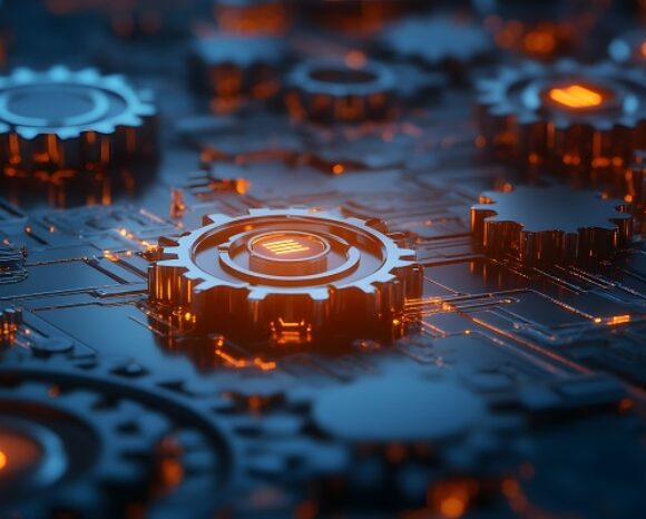 Nahaufnahme von miteinander verbundenen Zahnrädern mit leuchtend orangefarbenen Schaltkreisen auf einer dunkelblauen Oberfläche, die an ein Hightech-Motherboard erinnert. Die Beleuchtung hebt die komplexen Muster und metallischen Texturen hervor und erzeugt so ein futuristisches und industrielles Flair.
