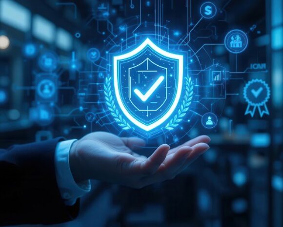 Eine Person hält ein schwebendes digitales Schildsymbol mit einem Häkchen, das Sicherheit symbolisiert. Der Hintergrund zeigt verschiedene digitale Symbole und Grafiken, die auf Technologie und Schutzthemen hinweisen.