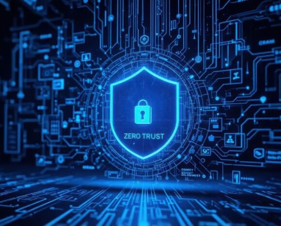 Ein leuchtend blaues digitales Schild mit einem Schlosssymbol und dem Text „Zero Trust“ ist von Schaltkreismustern und neonblauen Linien umgeben und unterstreicht die Untersuchung der entscheidenden Rolle der Mikrosegmentierung in Zero-Trust-Architekturen für sichere Netzwerke.