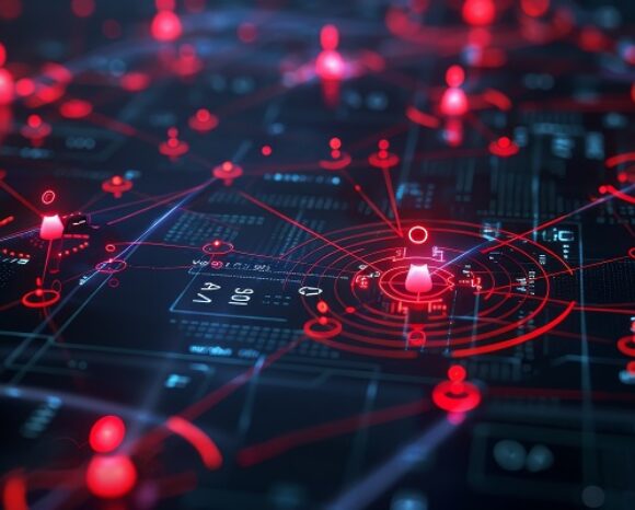 Eine digitale Netzwerkvisualisierung mit rot leuchtenden Knoten, die durch Linien auf dunklem Hintergrund verbunden sind. Symbole und schaltungsartige Muster vermitteln ein hochtechnologisches, vernetztes System.
