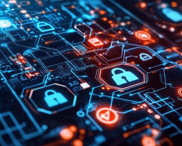 Futuristische digitale Leiterplatte mit leuchtend roten und blauen Sicherheitsschlosssymbolen, die Cybersicherheit und Datenschutz symbolisieren, vor dunklem Hintergrund.