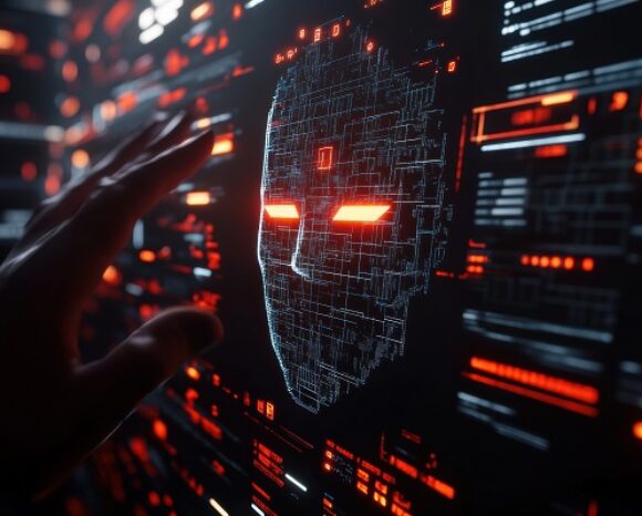Hand greift nach einem KI-generierten Gesicht auf einem Bildschirm