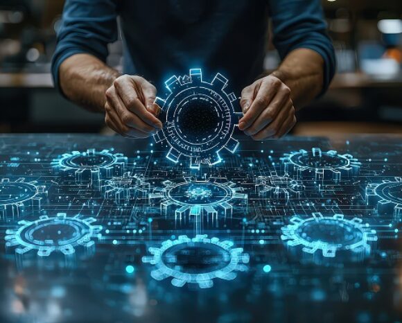 Mann vor digitalem Design mit leuchtenden Zahnrädern